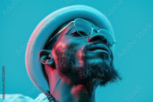 Soulful jazz trumpeter performing a solo against a vibrant blue background photo