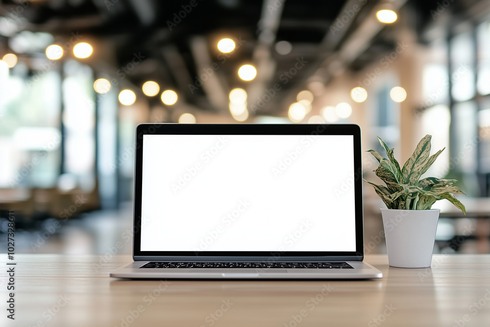 A blank white screen of an open laptop placed on the table in front view with a blurred background, a concept for displaying images or text. The scene is set against a blurry office interior backdrop. A blank white screen of an open laptop placed on the table in front view with a blurred background, a concept for displaying images or text. The scene is set against a blurry office interior backdrop.