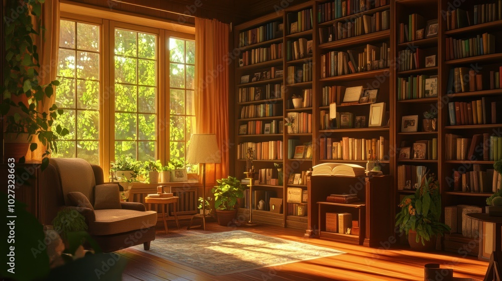 Cozy Reading Nook with Sunlit Window and Bookshelves Cozy Reading Nook with Sunlit Window and Bookshelves