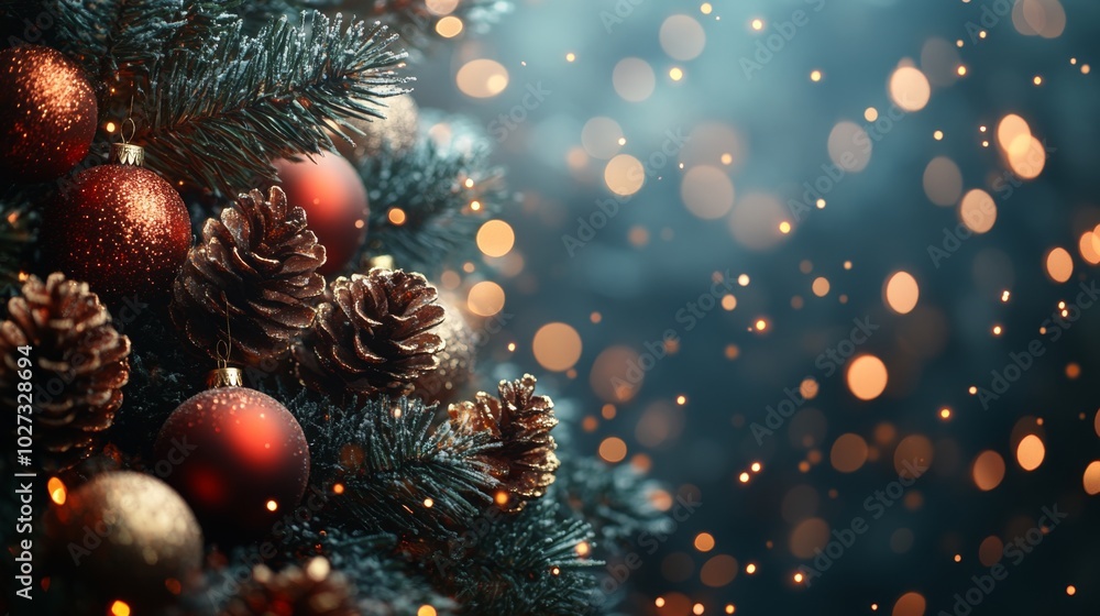Christmas tree with red and golden baubles and lights bokeh background. Space for text. Copy space. Greeting card. Christmas tree with red and golden baubles and lights bokeh background. Space for text. Copy space. Greeting card.