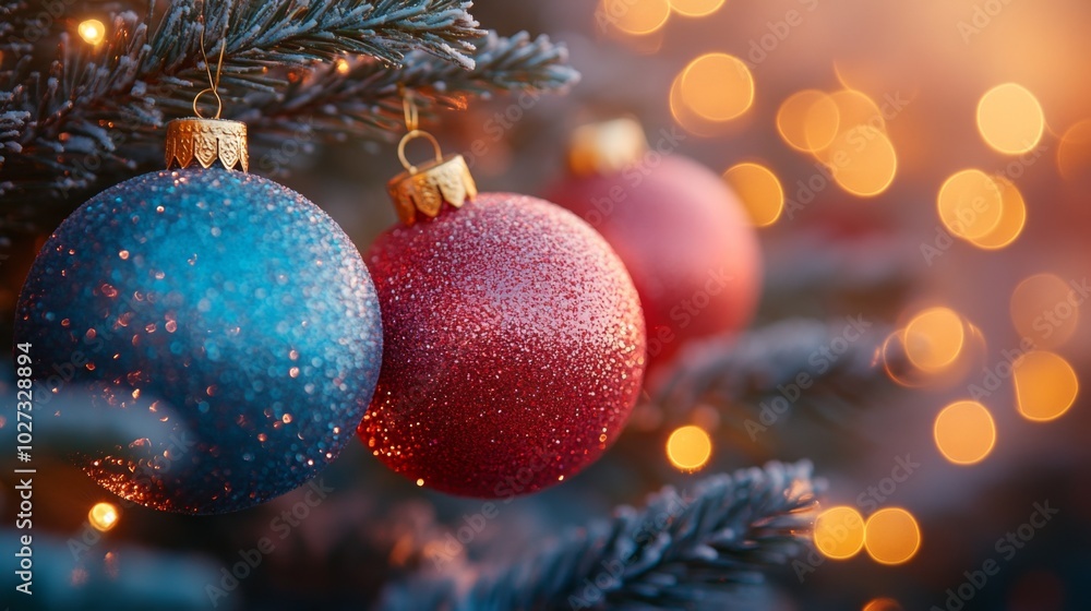 Christmas tree with red and blue baubles and lights bokeh background. Space for text. Copy space. Greeting card. Christmas tree with red and blue baubles and lights bokeh background. Space for text. Copy space. Greeting card.