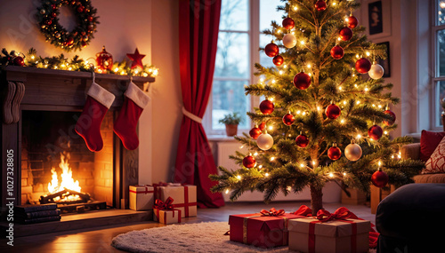 An indoor winter setting, with a beautiful christmas tree decorated with ornaments and twinkling lights, a fireplace with hanging stockings, and colorful presents. A festive and warm christmas atmosph