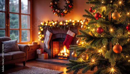 An indoor winter setting, with a beautiful christmas tree decorated with ornaments and twinkling lights, a fireplace with hanging stockings, and colorful presents. A festive and warm christmas atmosph