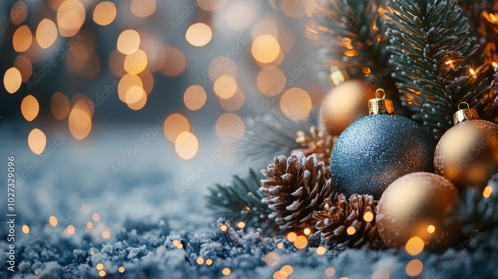 Christmas tree with blue and golden baubles and lights bokeh background. Space for text. Copy space. Greeting card. Christmas tree with blue and golden baubles and lights bokeh background. Space for text. Copy space. Greeting card.
