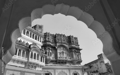 picture of Mehrangarh fort (jodhpur fort) from window in black and white, taken in Rajsthan, India photo