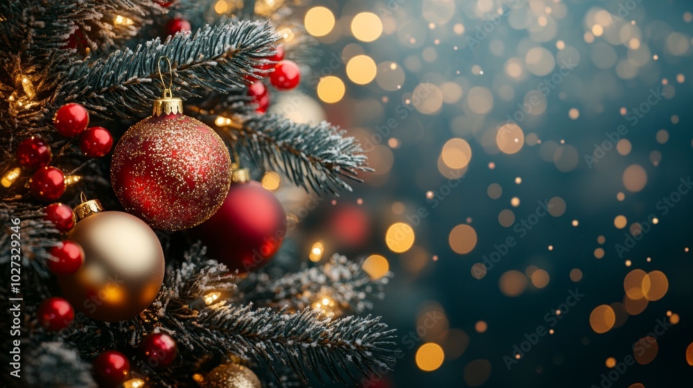 Christmas tree with red and golden baubles and lights bokeh background. Space for text. Copy space. Greeting card. Christmas tree with red and golden baubles and lights bokeh background. Space for text. Copy space. Greeting card.