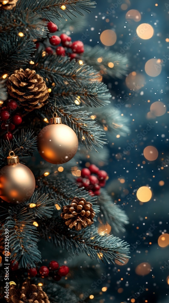 Obraz premium Christmas tree with red and golden baubles and lights bokeh background. Space for text. Copy space. Greeting card.