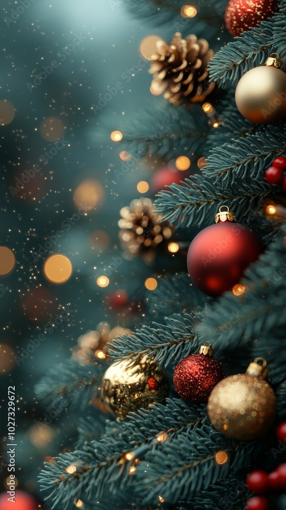 Christmas tree with red and golden baubles and lights bokeh background. Space for text. Copy space. Greeting card. Christmas tree with red and golden baubles and lights bokeh background. Space for text. Copy space. Greeting card.
