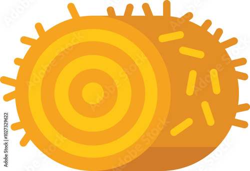 Round hay bale lying on the ground with visible spiky texture and concentric circles from side view