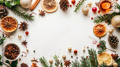 White background with mulled wine ingredients and winter accessories around the edges: orange slices, cinnamon sticks, fir twigs and cones
