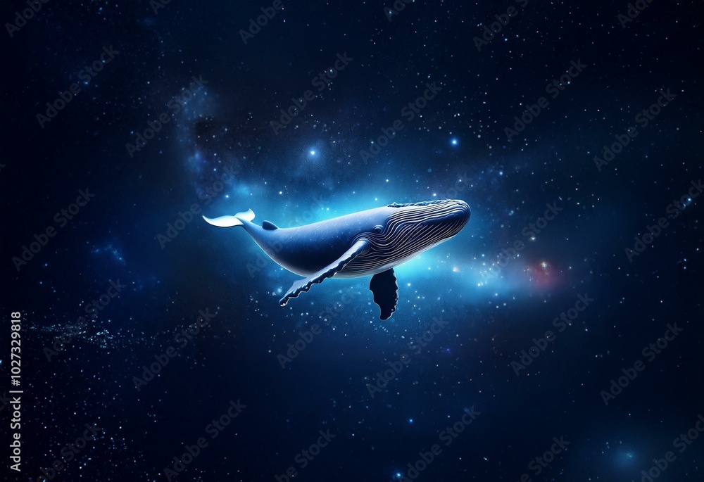 Fototapeta premium A whale swims through a dark blue expanse of starry space.
