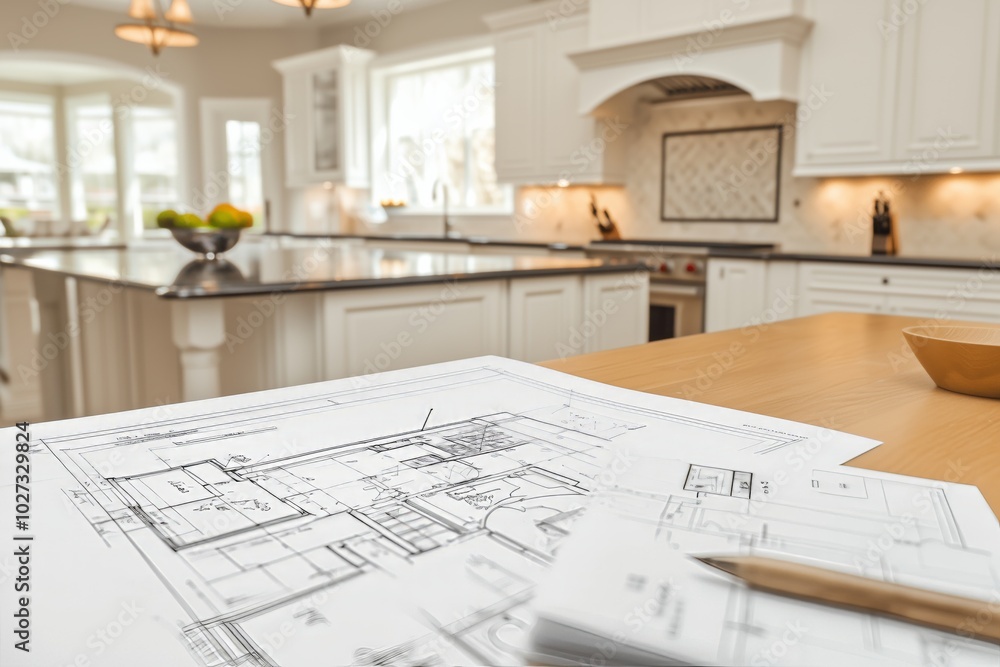 Architectural blueprints on kitchen island. Bright, modern kitchen in background. Natural light. Home renovation or construction planning concept Architectural blueprints on kitchen island. Bright, modern kitchen in background. Natural light. Home renovation or construction planning concept