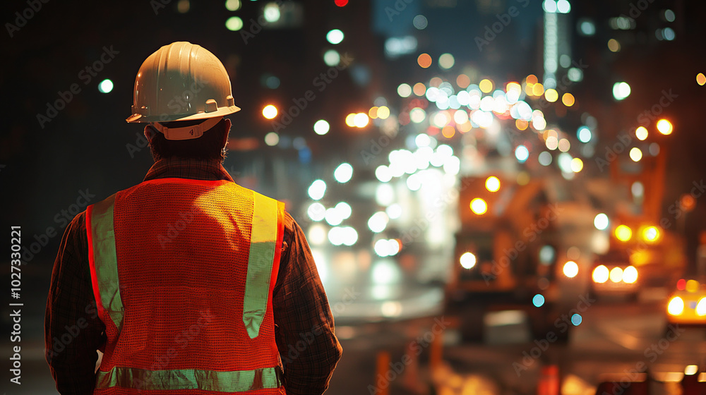 Construction worker in orange vest and white hard hat at brightly lit city construction site at night Construction worker in orange vest and white hard hat at brightly lit city construction site at night
