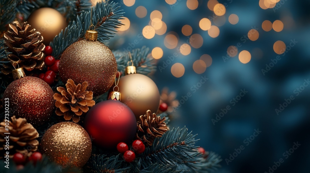 Christmas tree with red and golden baubles and lights bokeh background. Space for text. Copy space. Greeting card. Christmas tree with red and golden baubles and lights bokeh background. Space for text. Copy space. Greeting card.