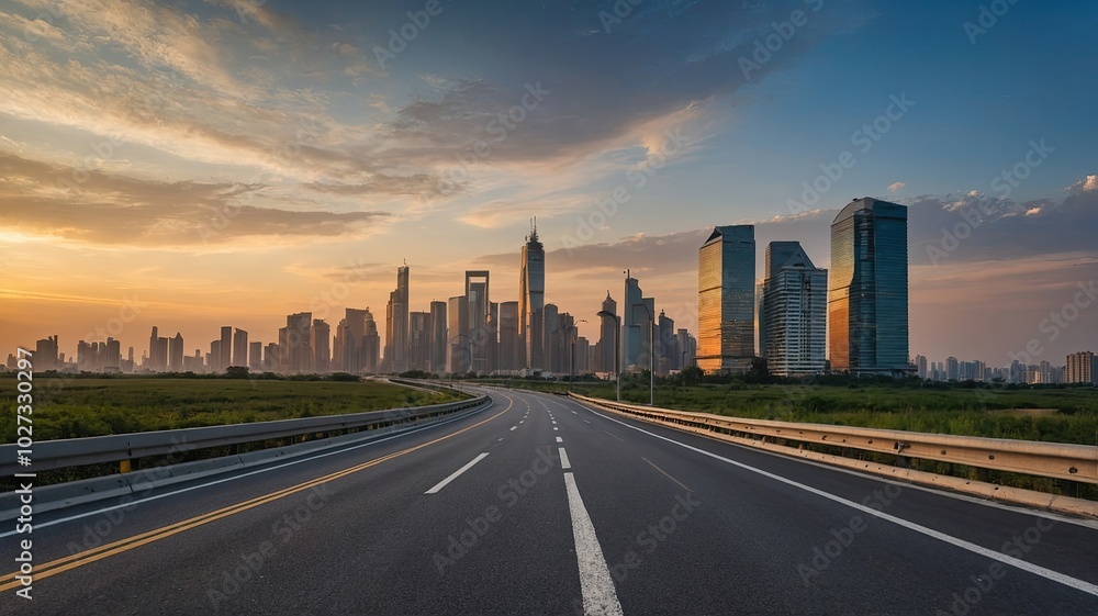 Fototapeta premium empty asphalt road and modern city skyline