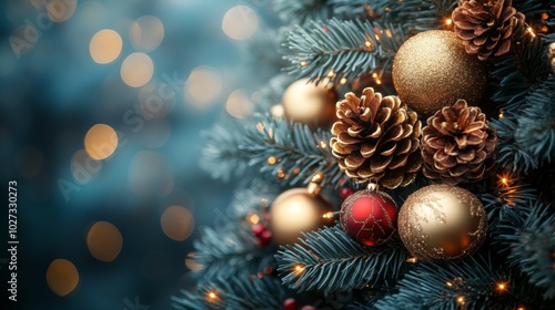 Christmas tree with red and golden baubles and lights bokeh background. Space for text. Copy space. Greeting card.
