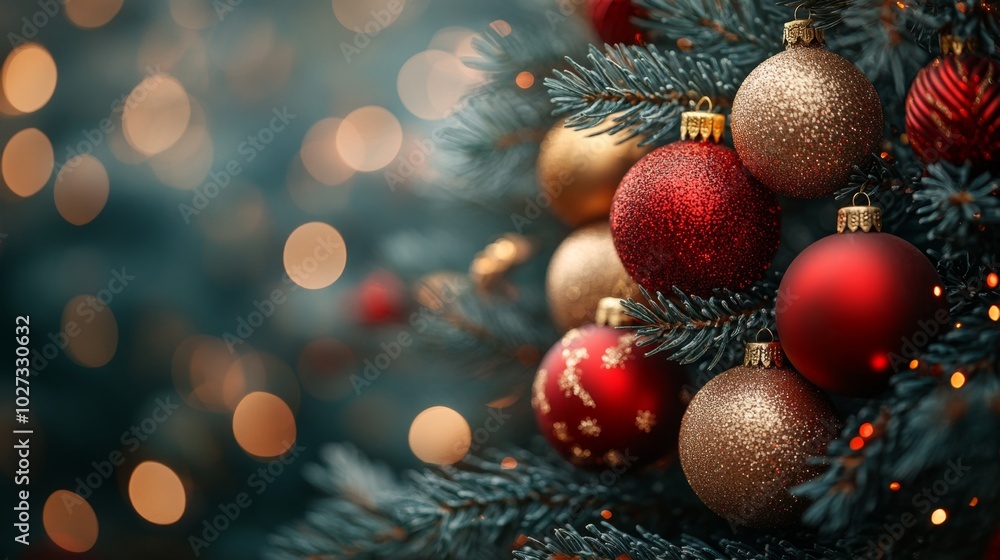 Christmas tree with red and golden baubles and lights bokeh background. Space for text. Copy space. Greeting card. Christmas tree with red and golden baubles and lights bokeh background. Space for text. Copy space. Greeting card.