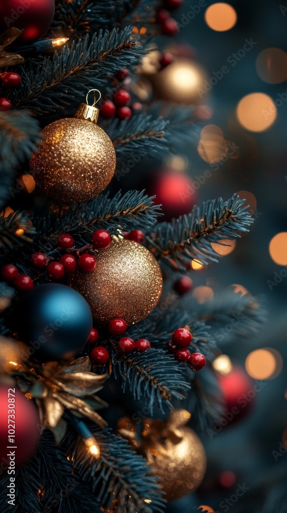 Christmas tree with red and golden baubles and lights bokeh background. Space for text. Copy space. Greeting card. Christmas tree with red and golden baubles and lights bokeh background. Space for text. Copy space. Greeting card.