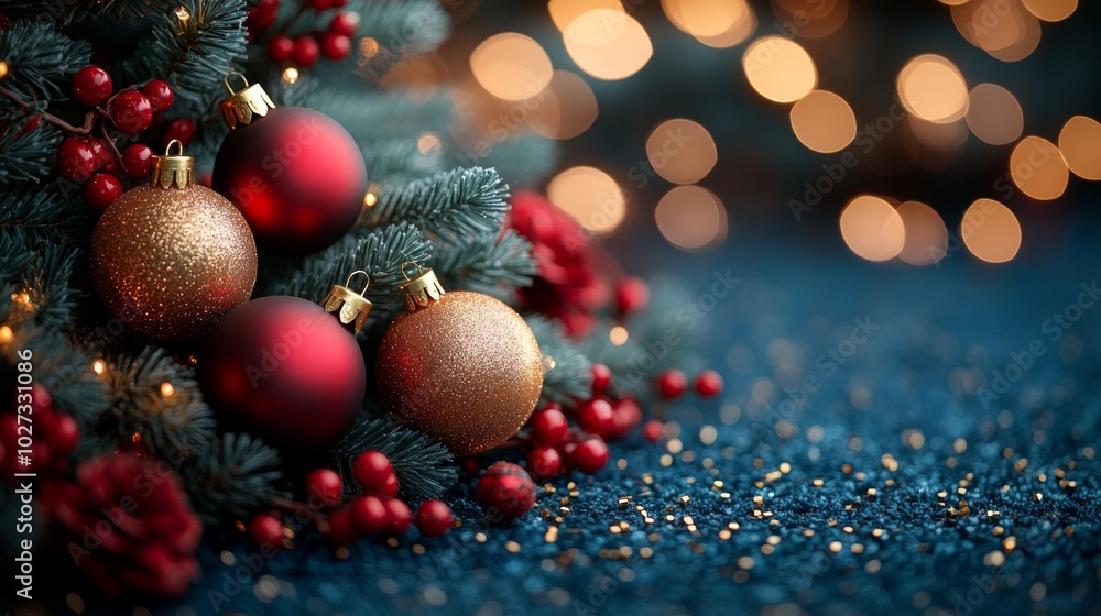 Christmas tree with red and golden baubles and lights bokeh background. Space for text. Copy space. Greeting card. Christmas tree with red and golden baubles and lights bokeh background. Space for text. Copy space. Greeting card.