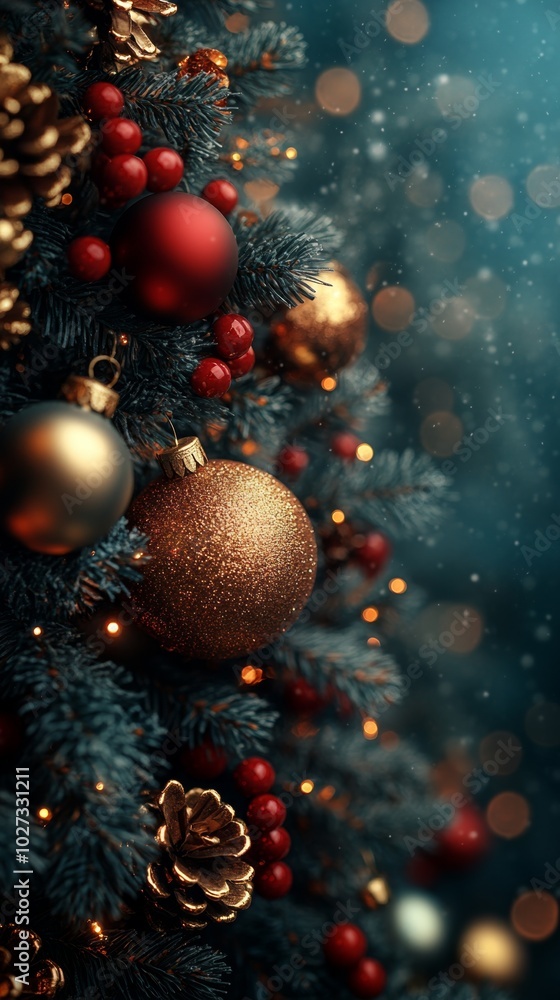 Christmas tree with red and golden baubles and lights bokeh background. Space for text. Copy space. Greeting card. Christmas tree with red and golden baubles and lights bokeh background. Space for text. Copy space. Greeting card.