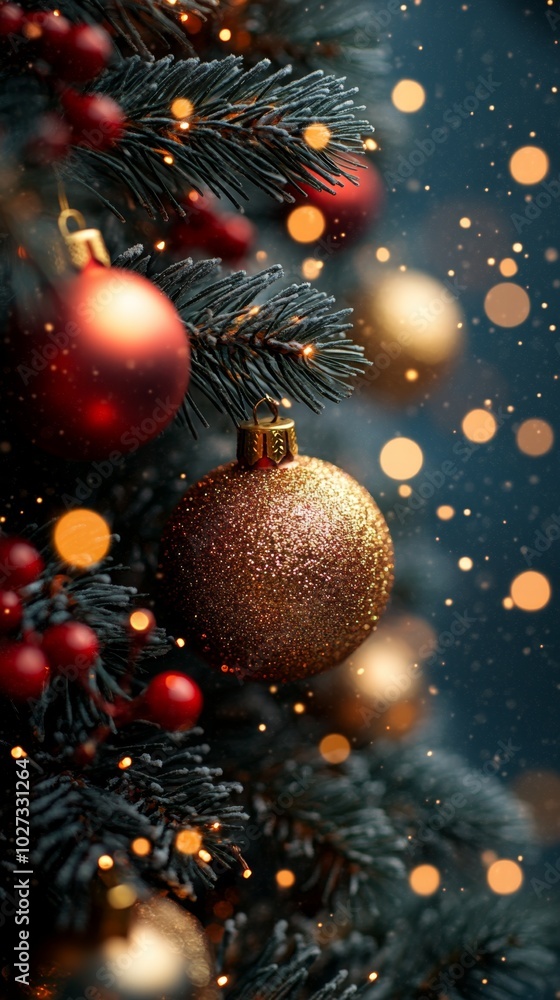 Christmas tree with red and golden baubles and lights bokeh background. Space for text. Copy space. Greeting card. Christmas tree with red and golden baubles and lights bokeh background. Space for text. Copy space. Greeting card.