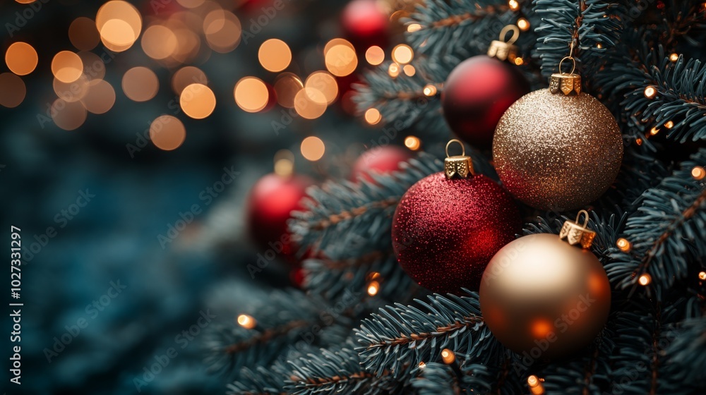 Christmas tree with red and golden baubles and lights bokeh background. Space for text. Copy space. Greeting card. Christmas tree with red and golden baubles and lights bokeh background. Space for text. Copy space. Greeting card.