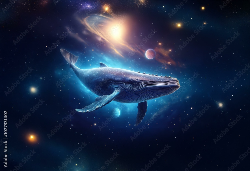 A large blue whale swims in the vastness of space, surrounded by stars, planets, and a swirling nebula. A large blue whale swims in the vastness of space, surrounded by stars, planets, and a swirling nebula.
