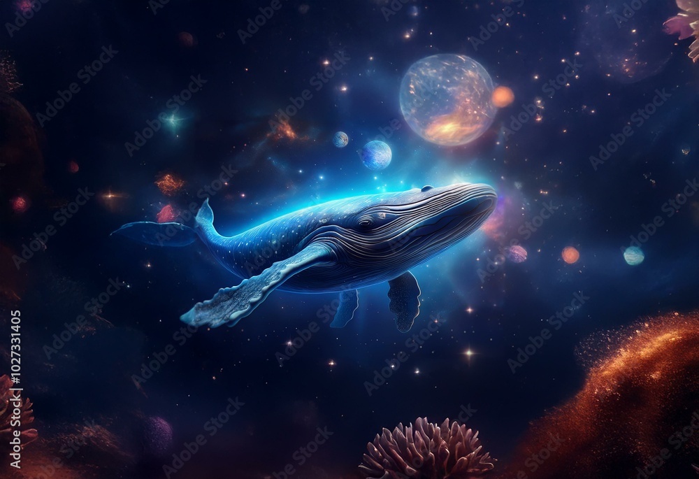 Fototapeta premium A blue whale swims through space, with stars and planets around it.