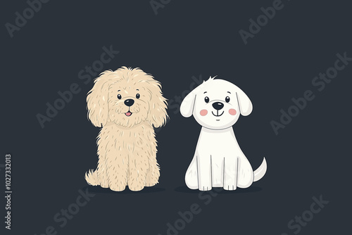 Vector illustration featuring two cute cartoon puppies sitting happily on a dark background. Perfect for children's designs, pet lovers, or playful themes.