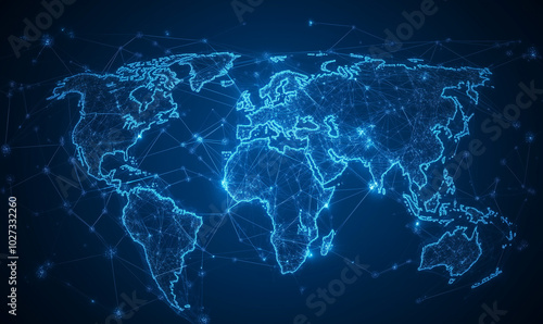 A blue map of the world with glowing lines connecting various countries, representing global connectivity and data transfer between different distant places.