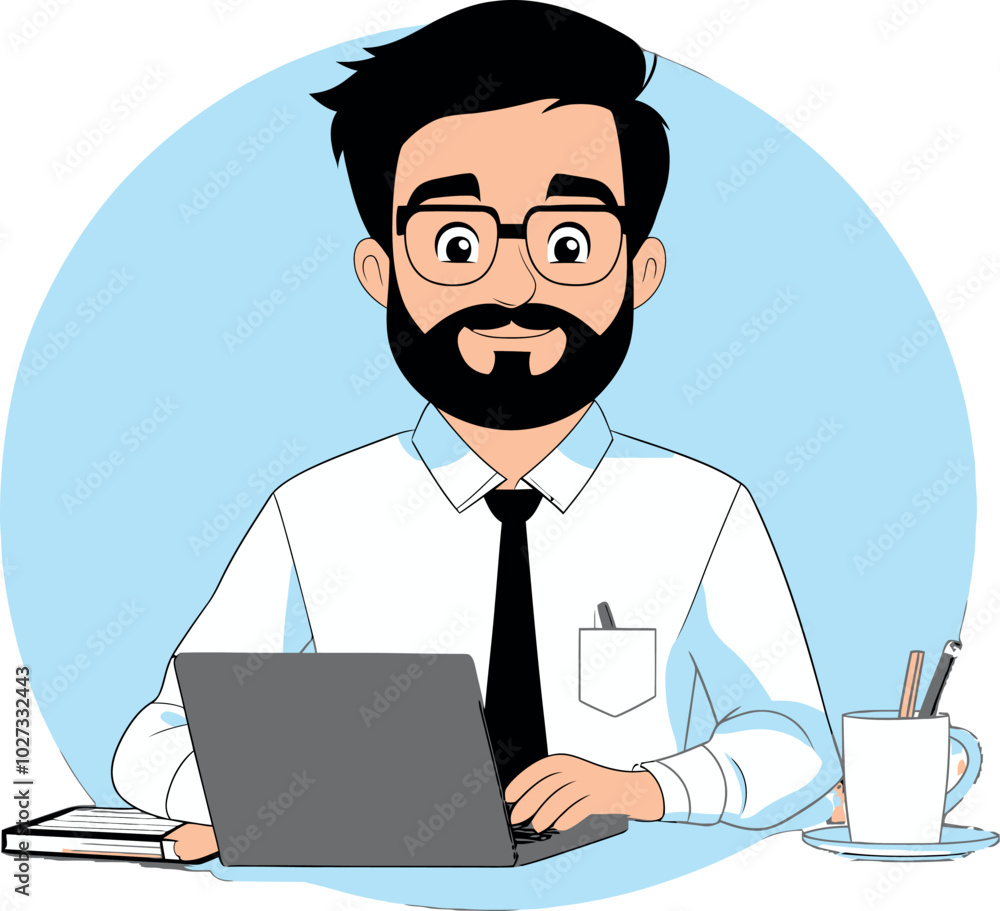 A vector illustration depicting a bearded man in formal attire working on a laptop. The image conveys a sense of focus and professionalism in a modern work environment. A vector illustration depicting a bearded man in formal attire working on a laptop. The image conveys a sense of focus and professionalism in a modern work environment.