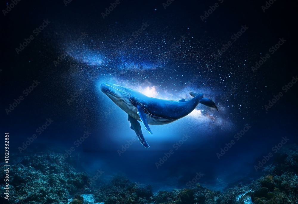 Obraz premium A blue whale swims through a starry sky underwater with its tail pointed upwards. The whale is surrounded by a glowing light and the ocean floor is obscured by dark blue water and coral.