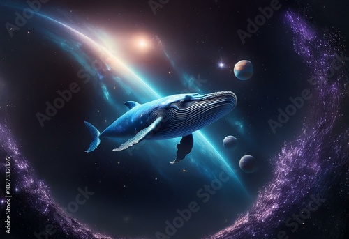 A blue whale swims through a vast cosmic landscape, with a ringed planet and stars in the distance.