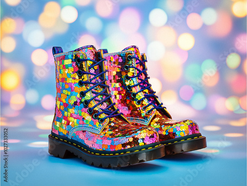 A dazzling pair of AI-generated Dr. Martens boots adorned with vibrant, multicolored sequins, creating a bold and festive look. photo