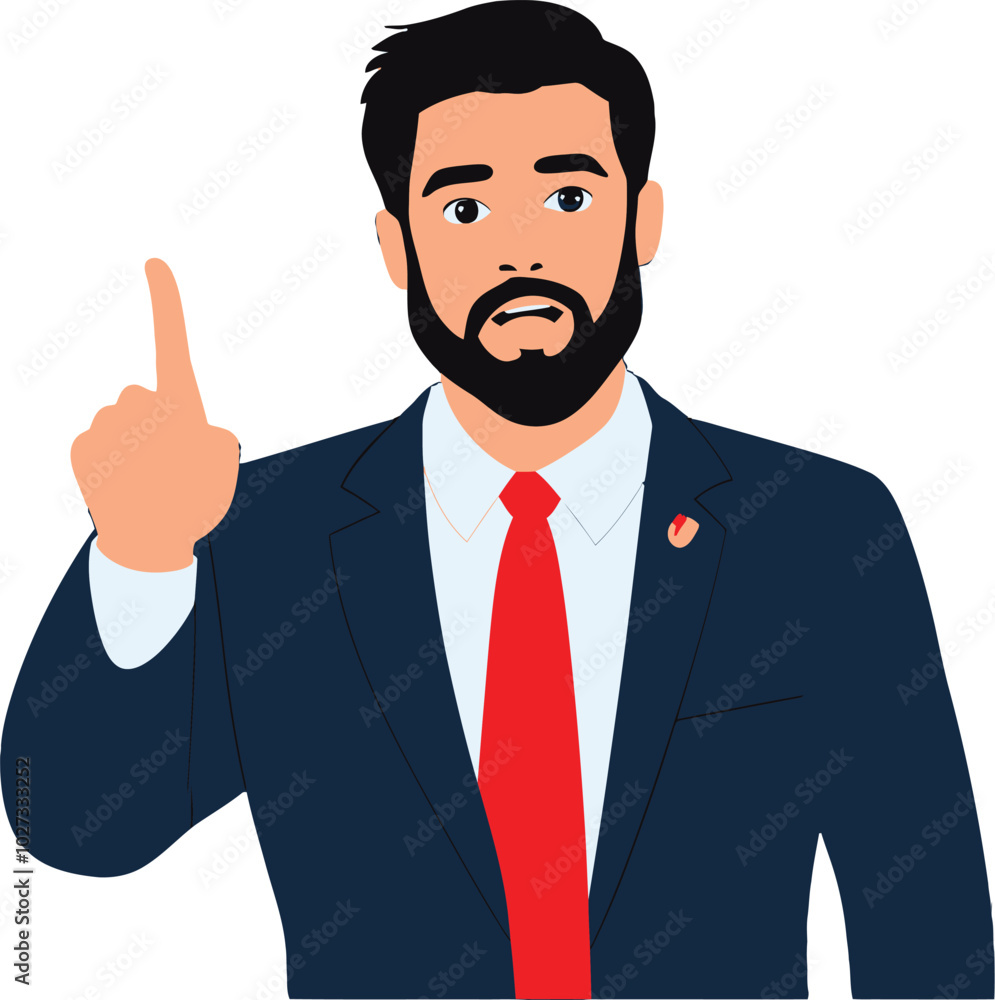 Vector illustration of a serious businessman in a blue suit with a red tie, raising one finger, conveying authority and confidence in a professional setting. Vector illustration of a serious businessman in a blue suit with a red tie, raising one finger, conveying authority and confidence in a professional setting.