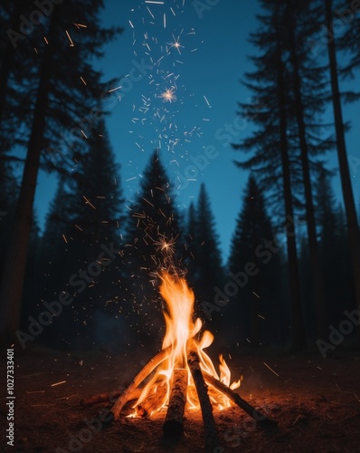 Campfire in the Forest at Night with Sparks Flying. photo