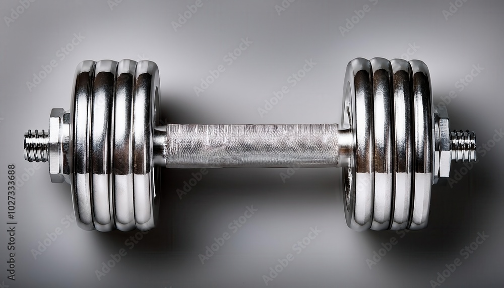 Naklejka premium Shiny Metal Dumbbell with Knurled Grip and Adjustable Weights for Strength Training and Fitness, Ideal for Gym, Home Workouts, or Professional Bodybuilding Equipment