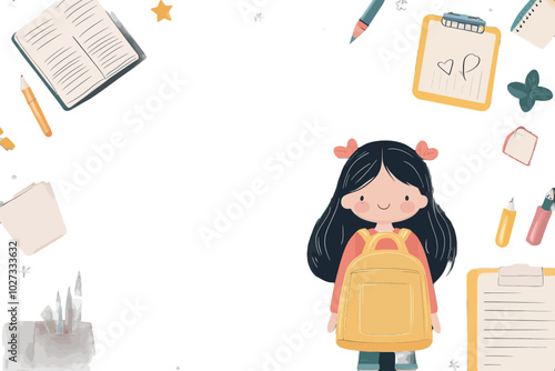 Charming vector illustration of a smiling girl with a yellow backpack surrounded by school supplies, perfect for educational themes, back-to-school promotions, or children's materials.