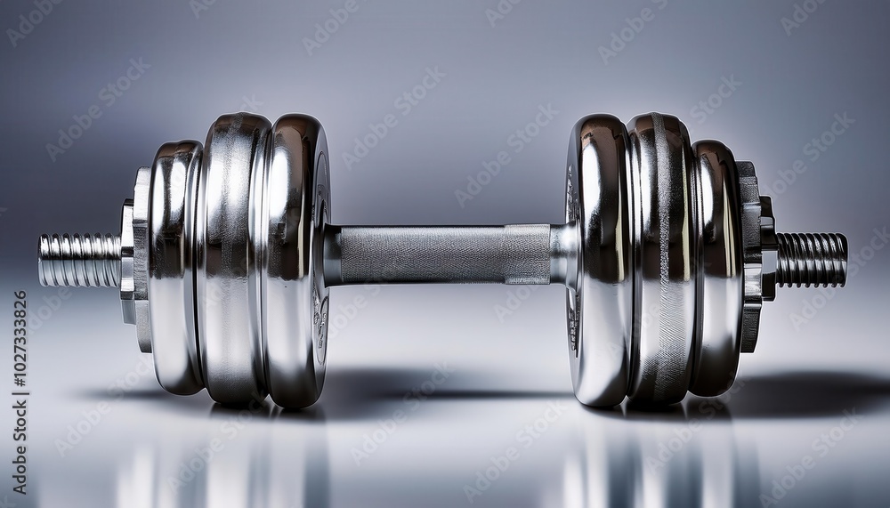 Naklejka premium Shiny Metal Dumbbell with Knurled Grip and Adjustable Weights for Strength Training and Fitness, Ideal for Gym, Home Workouts, or Professional Bodybuilding Equipment