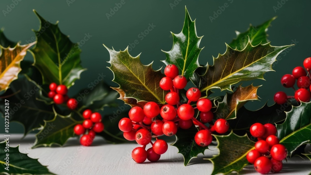Obraz premium Festive Holly Berries and Leaves on Green Background.