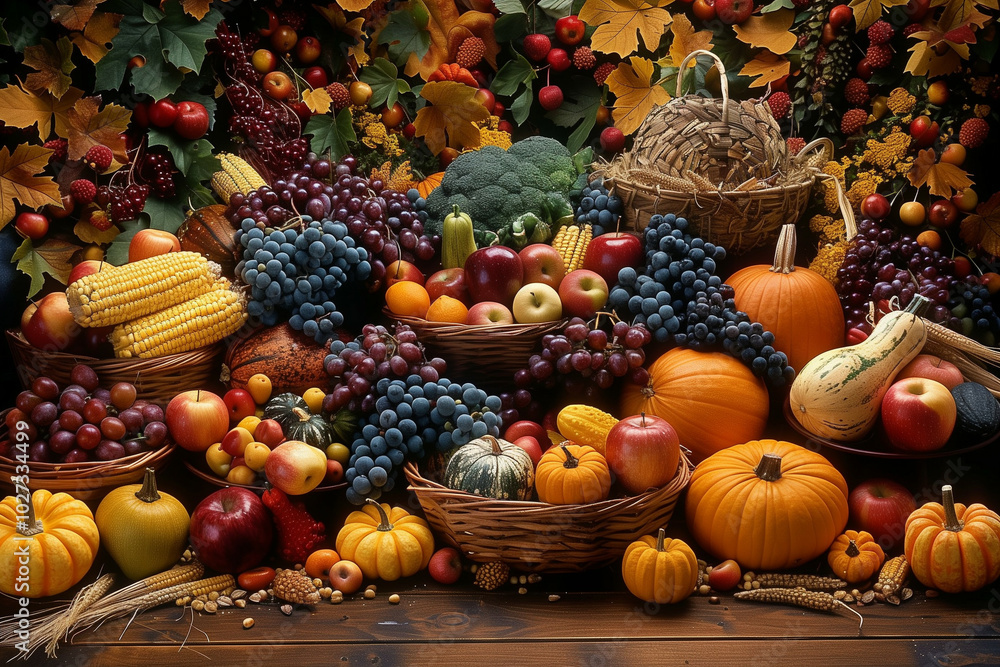 A lavish and colorful harvest display set against a rustic wooden backdrop, showcasing an array of fruits and vegetables A lavish and colorful harvest display set against a rustic wooden backdrop, showcasing an array of fruits and vegetables