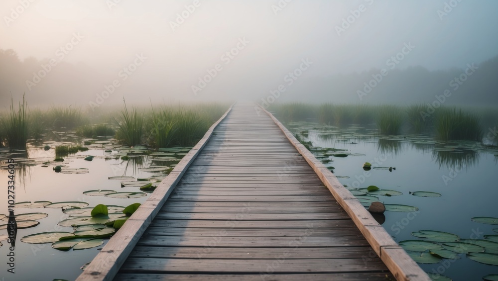 Fototapeta premium Foggy wooden pathway through a pond surrounded by lily pads in the early morning light.