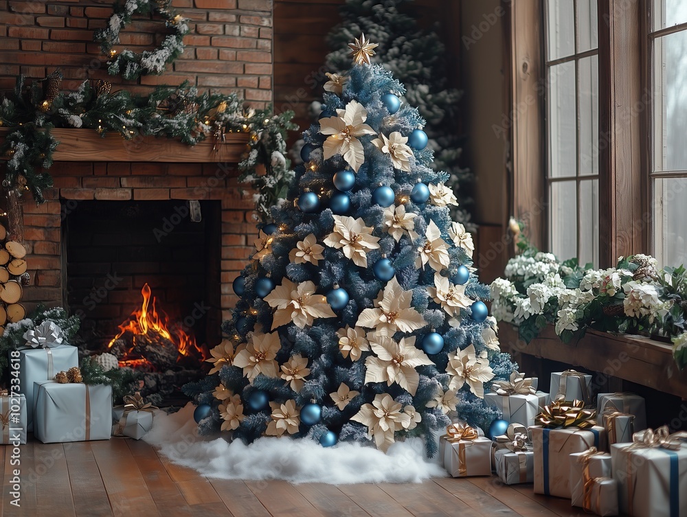 Massive Christmas tree with gold and blue decorations, artificial snow, next to a lit fireplace, surrounded by gifts in a cozy, original living room setting, evoking warmth and holiday spirit.