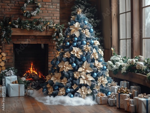 Obraz na płótnie Massive Christmas tree with gold and blue decorations, artificial snow, next to a lit fireplace, surrounded by gifts in a cozy, original living room setting, evoking warmth and holiday spirit. w salonie