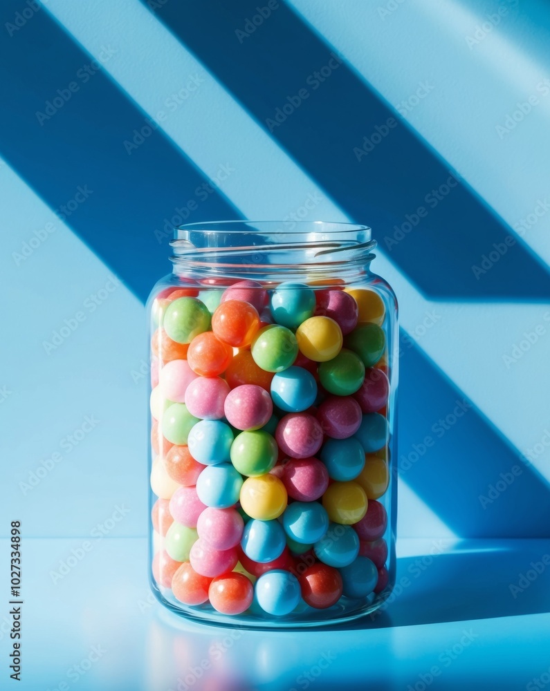 Colorful Gumballs in a Clear Jar on Blue Background. Colorful Gumballs in a Clear Jar on Blue Background.