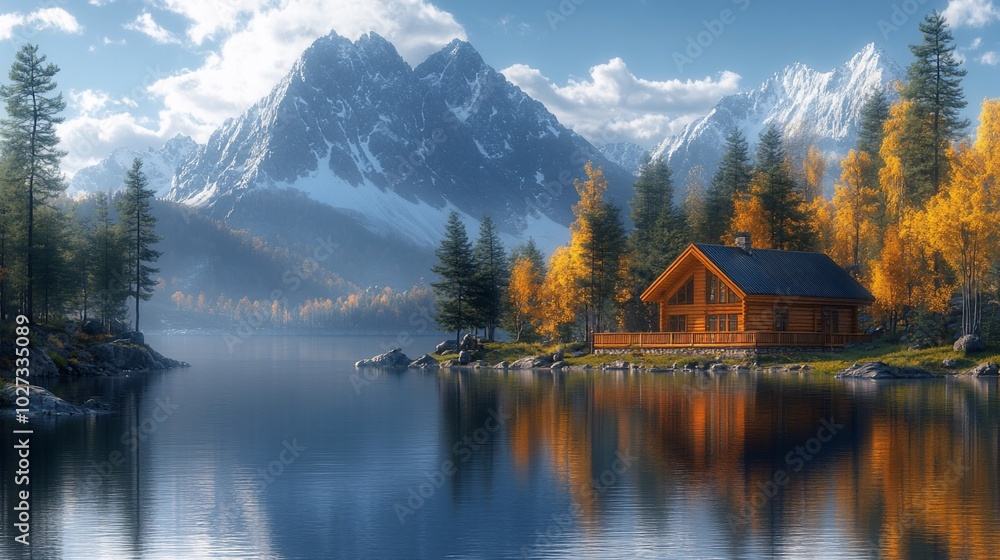 Fototapeta premium Serene mountain landscape featuring a cozy cabin by a tranquil lake surrounded by autumn trees.