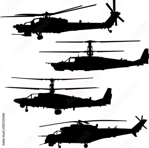 This silhouette image features four different helicopters, showcasing their diverse designs and rotor configurations. Each aircraft provides a unique profile, highlighting military and utility aviatio