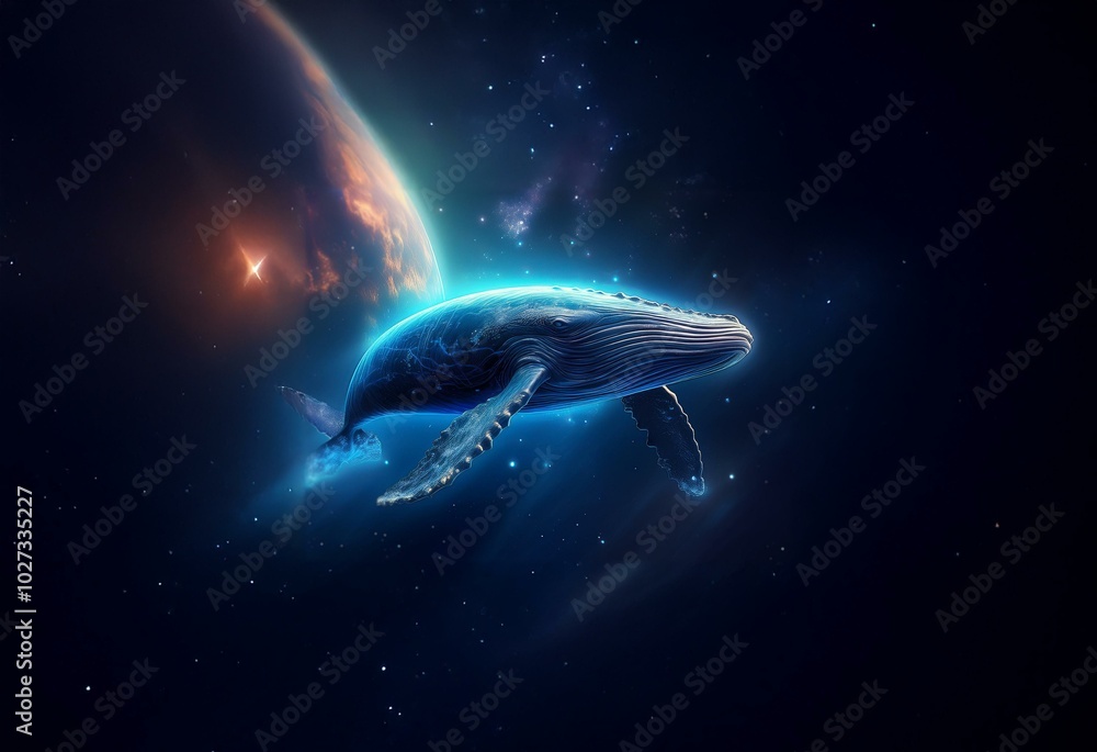 Naklejka premium A glowing blue whale swims through a starry sky near a distant planet.