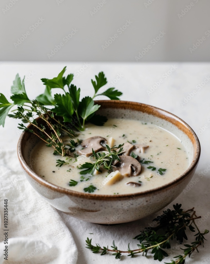Creamy Mushroom Soup in Rustic Bowl with Fresh Herbs. Creamy Mushroom Soup in Rustic Bowl with Fresh Herbs.