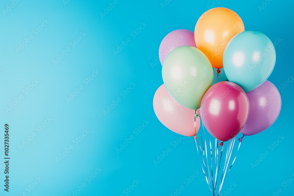 A bunch of colorful balloons on a blue background, with ample copy space.